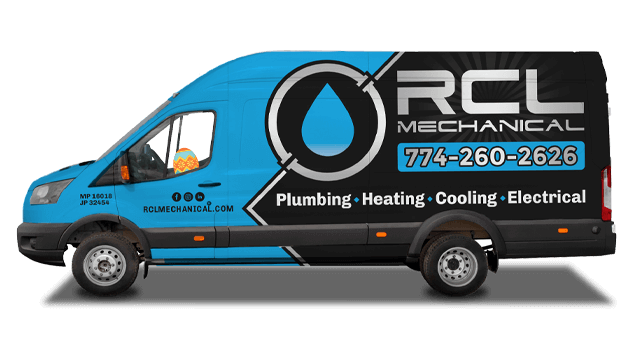 Water heater installation van with RCL Mechanical advertisement on the side Attleboro Air Conditioning